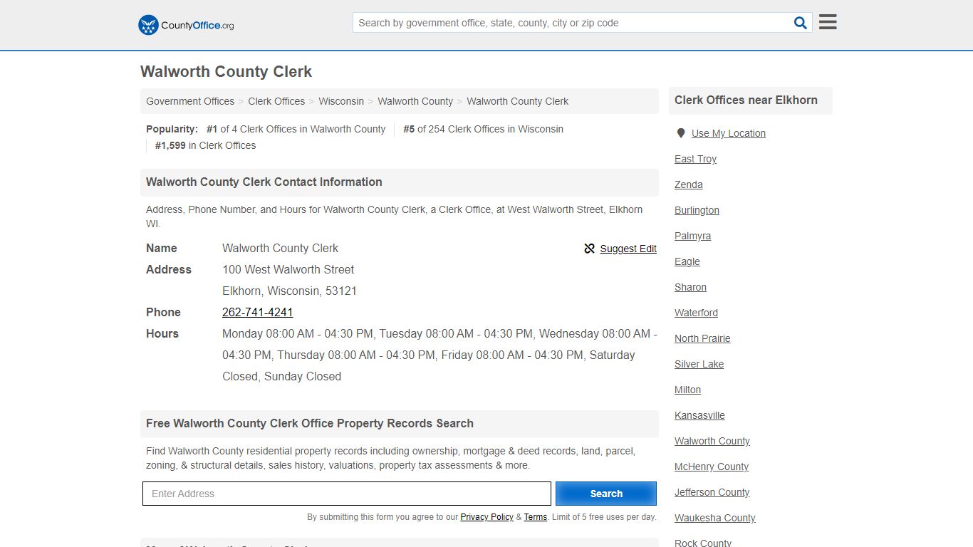 Walworth County Clerk - Elkhorn, WI (Address, Phone, and Hours)